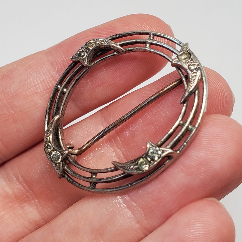 Antique Art Deco Sterling Silver Rhinestone Oval Brooch - Picture 3 of 8